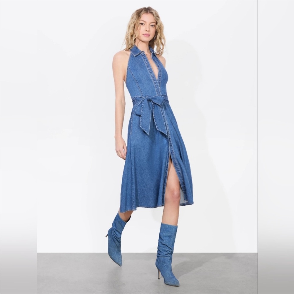 Alice + Olivia Halter Chassidy Denim Midi Dress with Waist Tie - Blue - Picture 3 of 6